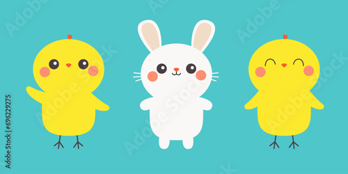 Chicken bird, bunny set line banner. White rabbit chick head. Egg shape. Happy Easter. Cute cartoon kawaii baby character. Funny face with pink cheeks. Farm animal. Blue background. Flat design