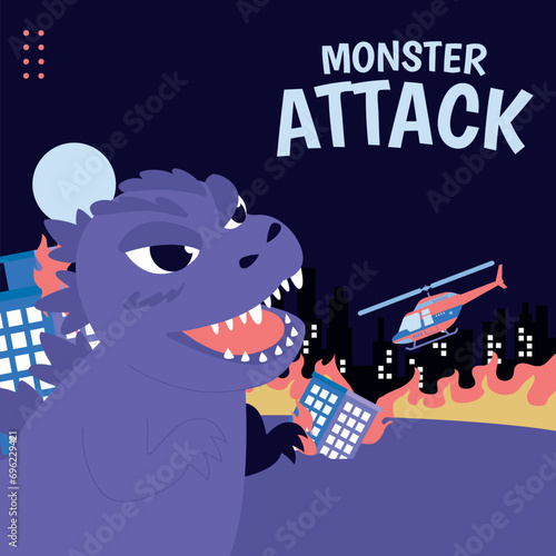 Cute lizard monster invasion attack scene with helicopter and city flames illustration