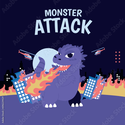 Cute lizard monster invasion attack scene with helicopter and city flames illustration