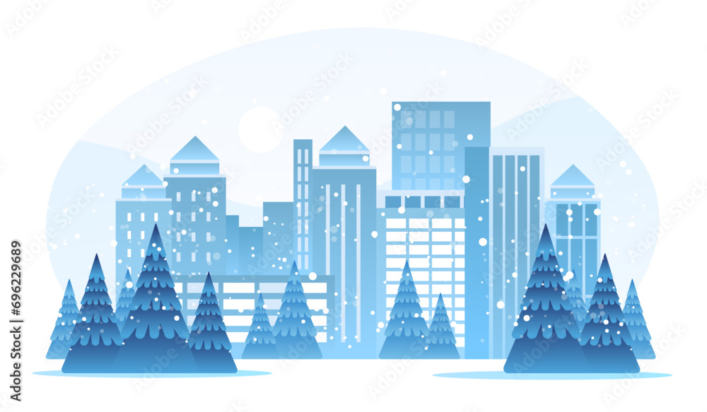 snowy city street with fir trees and buildings urban cityscape background horizontal