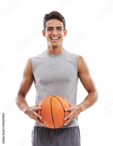 Happy man in portrait with basketball, sports and fitness in studio with muscle isolated on white background. Young athlete, training or workout for health and ready for game in sportswear with smile