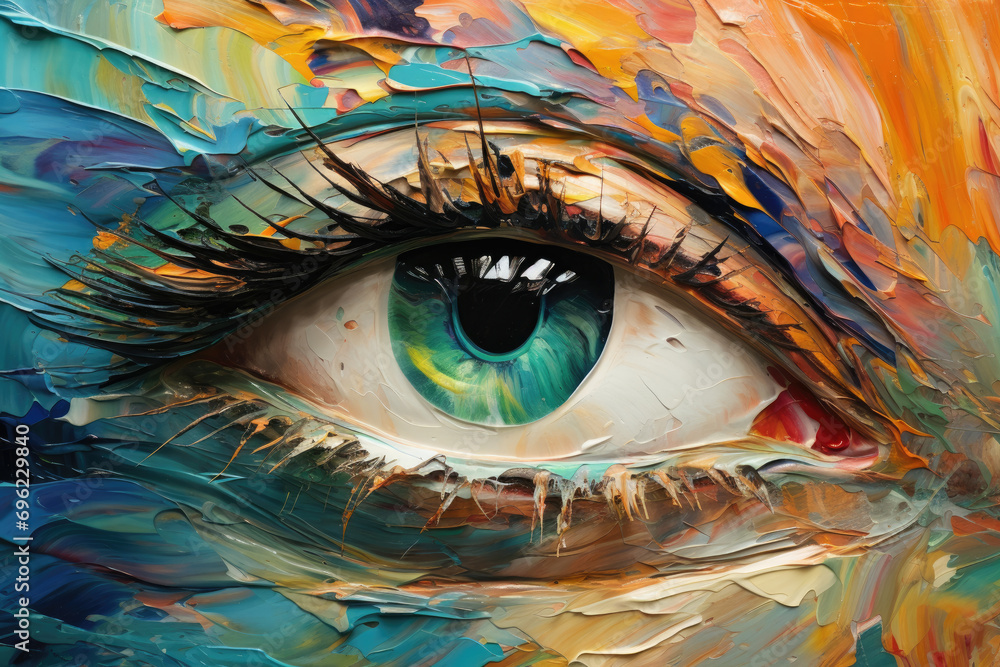oil painting. Conceptual abstract picture of the eye. Oil painting in colorful colors. Conceptual abstract closeup of an oil painting and palette knife on canvas