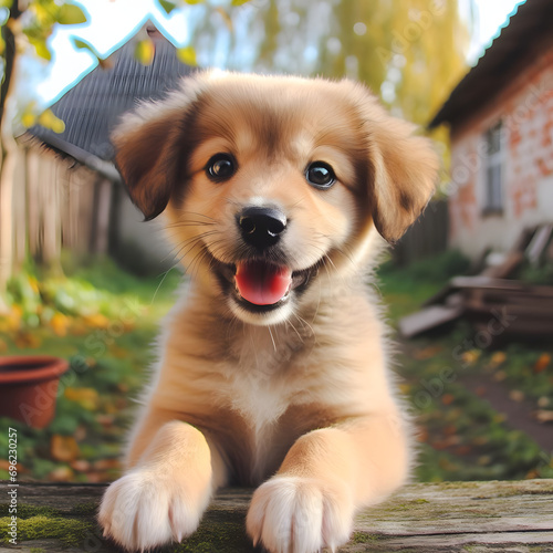 A lovely  puppy plays in a garden photo