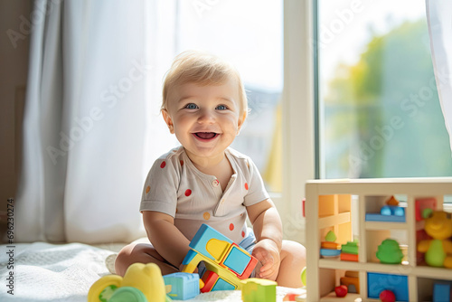 Cute smiling blond baby play with colorful toys at home. Happy kid toddler playing educational game in kindergarten. Joyful child. Early childhood development concept.