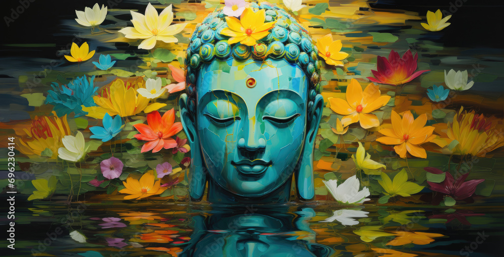a painting glowing golden buddha face and multi colored butterflies
