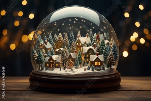 Fabulous winter city at Christmas. Table decoration Christmas crystal ball. Houses in the snow in a glass ball on a black background. 