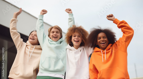 Group of diverse children wearing hoodies, standing together, having fun, smiling looking at camera, apparel mockup, happy teenagers wearing sweatshirt, outdoors photo