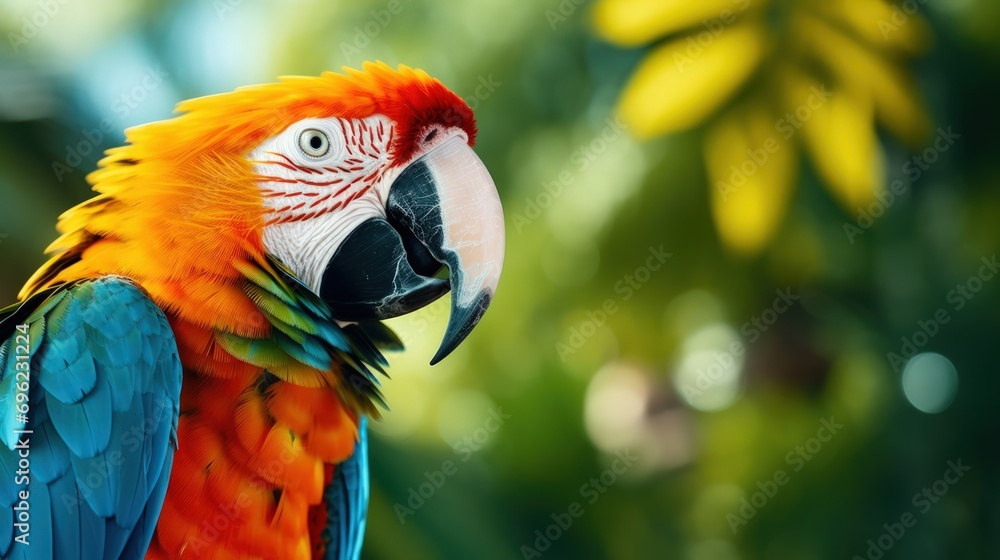 Fototapeta premium A vibrant, colorful macaw parrot perched in the park