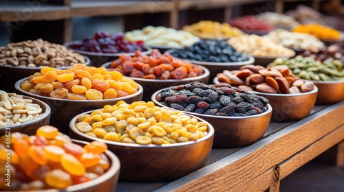 Dry fruits on display at the market, creating a mix of vibrant and colorful backgrounds. photo