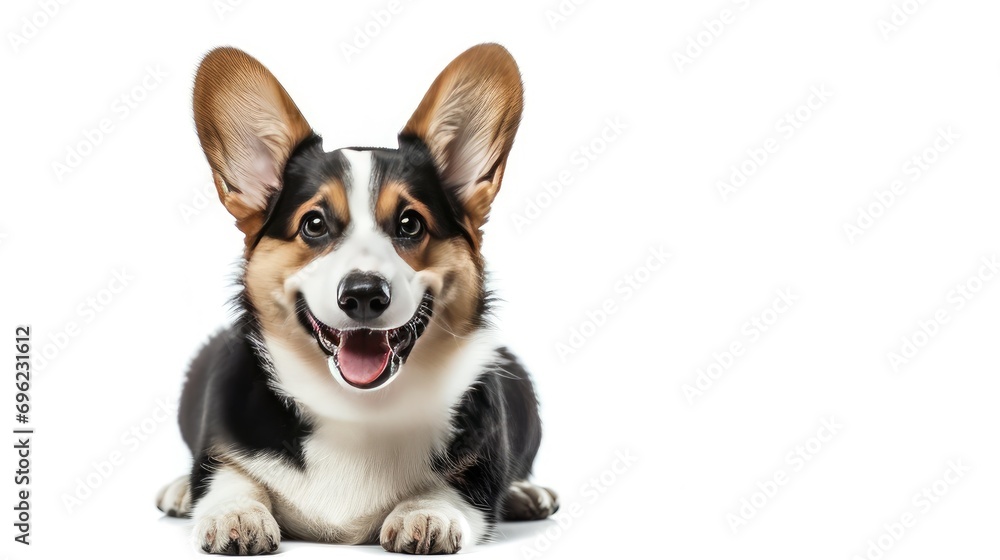 happy tongue panting corgi puppy standing isolated white background