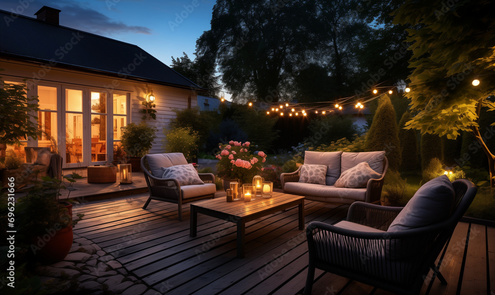 the Terrace of a Beautiful House, Adorned with Wicker Furniture and Delicate Lights.