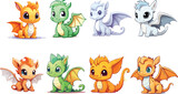 Set of chibi dragon for stickers. Vector bundle of cute dragon for kids illustration