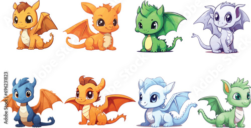 Set of chibi dragon for stickers. Vector bundle of cute dragon for kids illustration