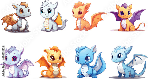 Set of chibi dragon for stickers. Vector bundle of cute dragon for kids illustration