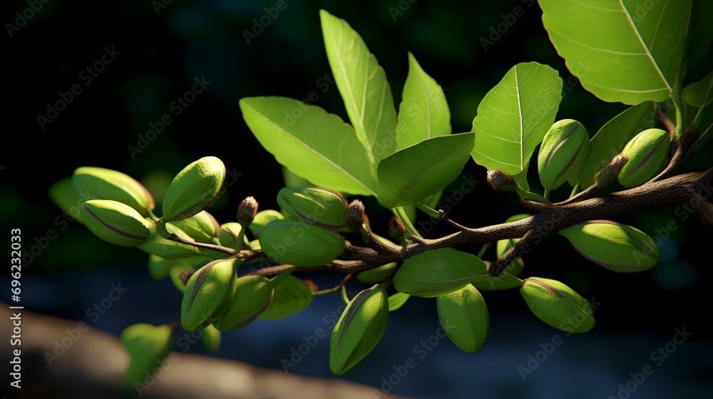 Obraz premium Branch of magnolia tree with green leaves on blurred background.