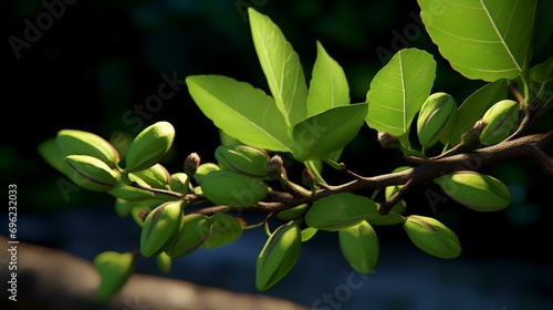 Branch of magnolia tree with green leaves on blurred background. © Sumera