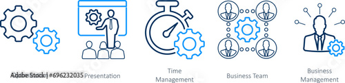 A set of 5 Mix icons as optimization, presentation, time management