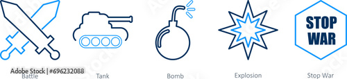 A set of 5 Mix icons as battle, tank, bomb
