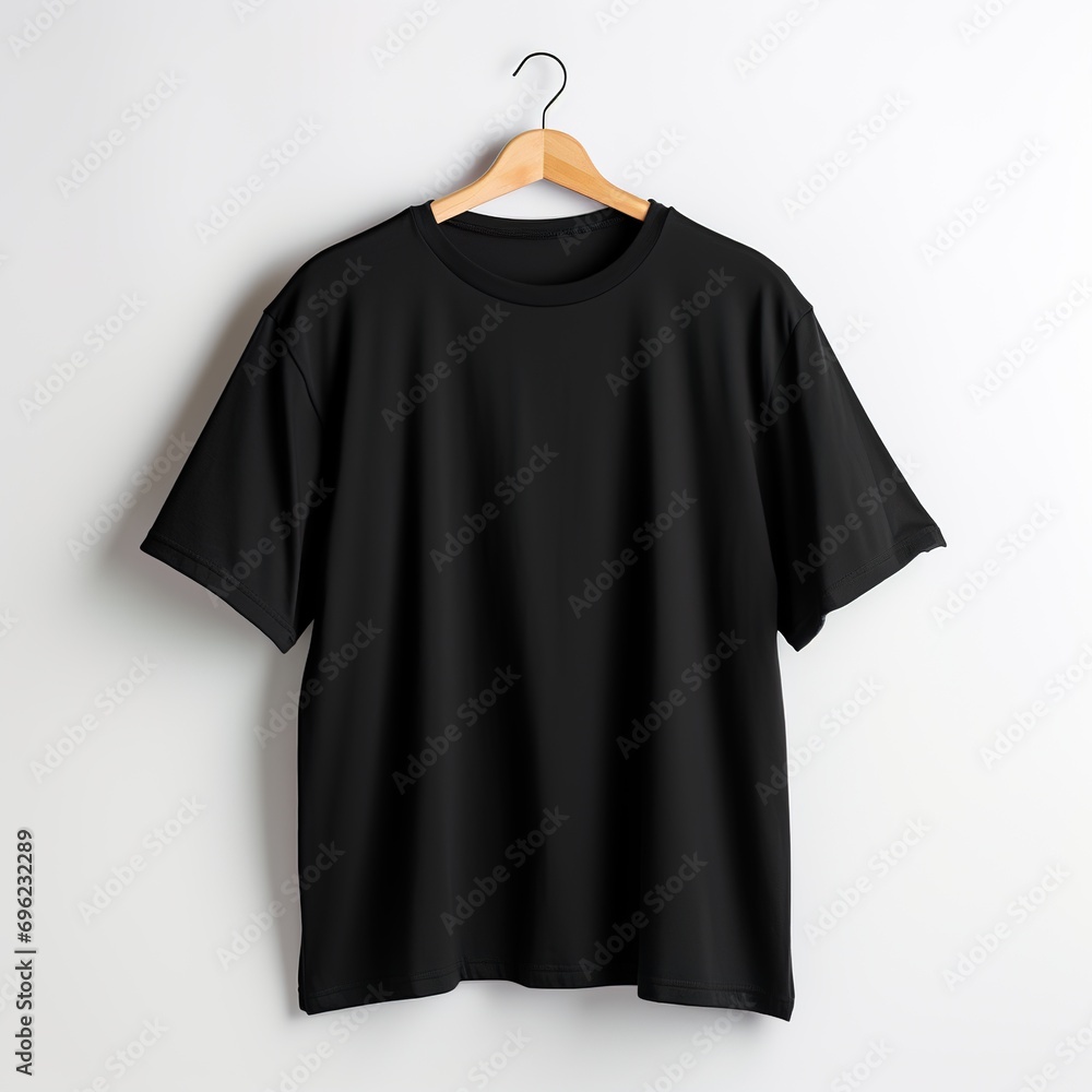 Men's women's oversized black blank t-shirt template, natural shape on hanger, for your design or brand layout, isolated on white background. Men's women's oversized black blank t-shirt template, natural shape on hanger, for your design or brand layout, isolated on white background.