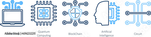 A set of 5 Mix icons as computing, quantum computing, block chain