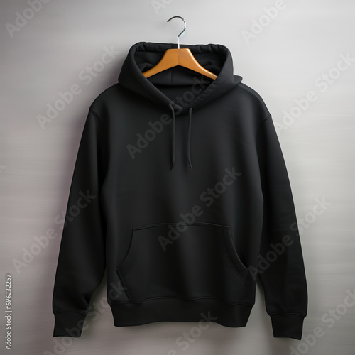 Isolated simple black kangaroo hoodie on a light background. Mock up for brand or design