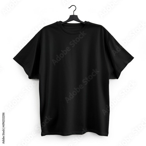 Men's women's oversized black blank t-shirt template, natural shape on hanger, for your design or brand layout, isolated on white background.
