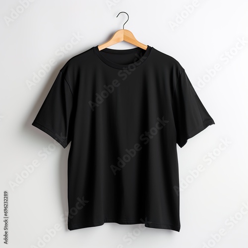 Men's women's oversized black blank t-shirt template, natural shape on hanger, for your design or brand layout, isolated on white background.