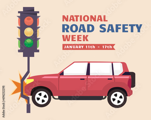 Crashing car on street at traffic light road safety National Road Safety Week, 11 to 17 January Every Year 