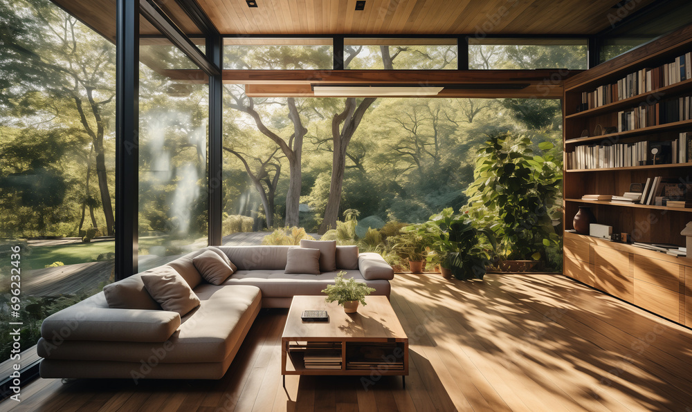 A room with a big panoramic windows and sofa overlooking the forest. A room with a big panoramic windows and sofa overlooking the forest.