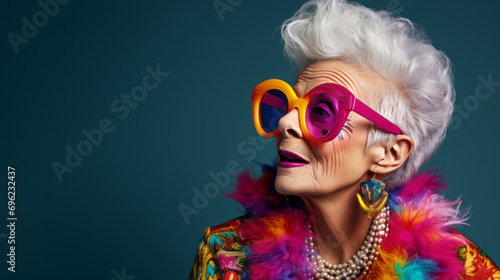 Happy senior woman in colorful outfit, cool sunglasses, laughing and having fun in fashion studio
