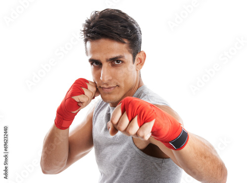 Boxer, man and fist in studio with kickboxing for fitness, health and martial arts isolated on white background. Strong athlete with muscle, portrait and MMA sports training with exercise or workout