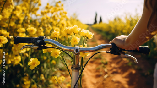 Vintage bicycle with flowers against the backdrop of a summer time landscape. Spring active holidays photo