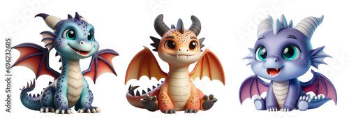 Set of Cute 3D Dragon Clipart Designs: Kawaii 3D Illustrations Isolated on Transparent or White Background