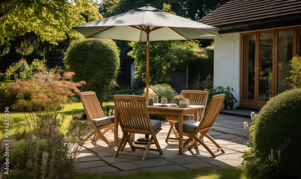 Garden chairs, garden table and parasol in the garden