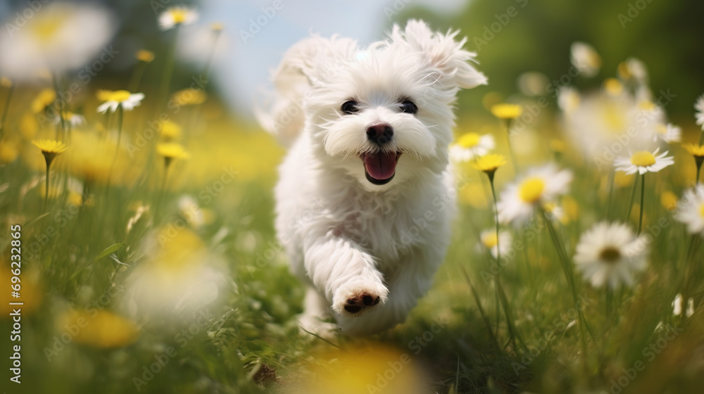 A cheerful cute white dog plays in a dandelion field in spring. Active spring and summer holidays - obrazy, fototapety, plakaty 