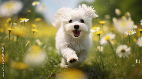 A cheerful cute white dog plays in a dandelion field in spring. Active spring and summer holidays photo