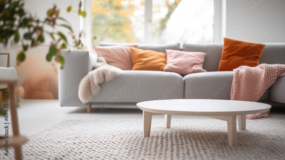 Cozy modern interior with soft carpet, gray sofa and bright details - obrazy, fototapety, plakaty 