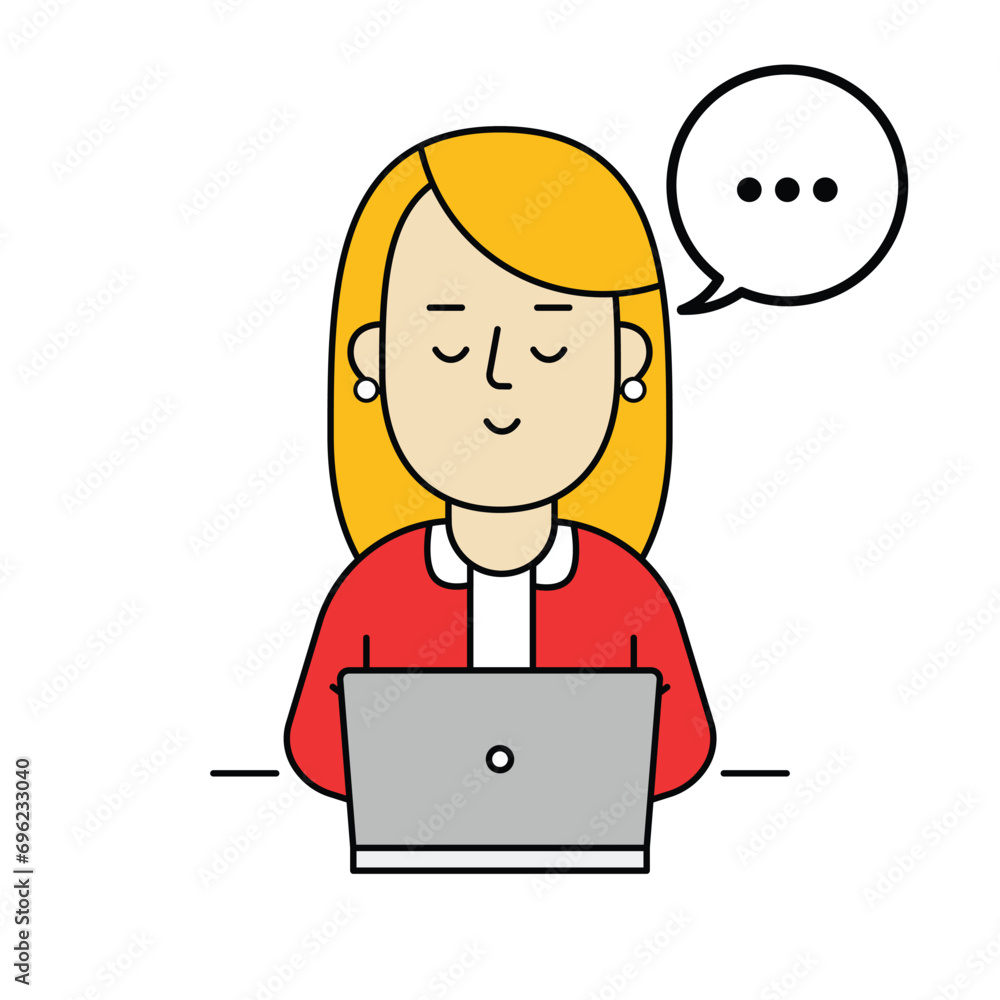 a woman, half body, sitting in front of a laptop computer, working, thingking, webinar, online job, flat design style, colored, outline drawing.