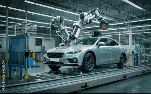 Futuristic Automation 3D Robotic Arm Crafting Cars with Precision on Automotive Production Line