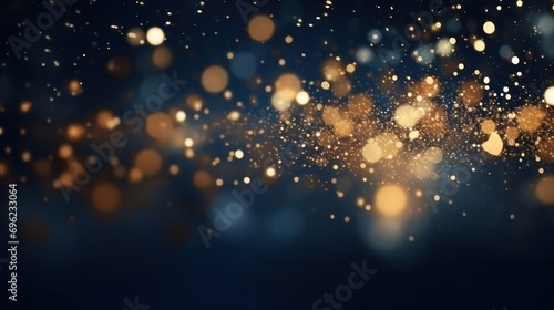 Golden light shine particles bokeh on navy blue background. Holiday. Abstract background with Dark blue and gold particle, shine, bright, sparkle, magical, glittering, texture, effect, space photo