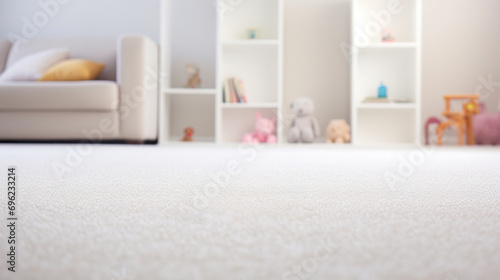 Cozy bright interior of a children's room with a soft white carpet and toys photo