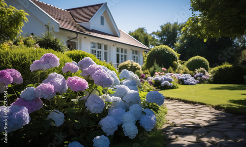 Summer garden view with blooming Hydrangea paniculata. Cottage garden style.