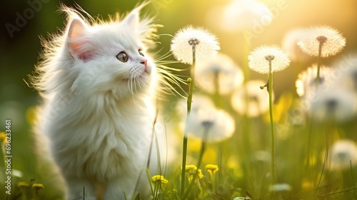 A small fluffy funny kitten enjoys on a spring summer meadow among dandelion flowers. Postcard banner spring time