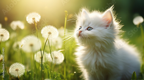 A small fluffy funny kitten enjoys on a spring summer meadow among dandelion flowers. Postcard banner spring time