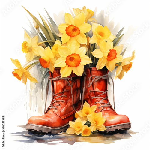 Watercolor illustration bouquet of daffodils on rubber red boot