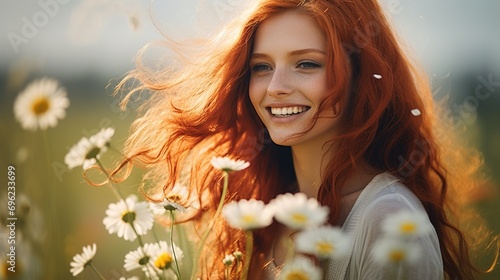 Close-up portrait of a beautiful red-haired girl in a simple dress standing on a spring summer field with a bouquet of chamomile. Tenderness of a woman. photo