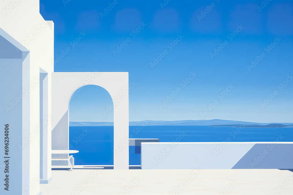 Summer Mediterranean beautiful white and blue minimalist building