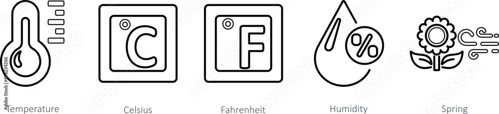 A set of 5 Mix icons as temperature, celsius, fahrenheit A set of 5 Mix icons as temperature, celsius, fahrenheit