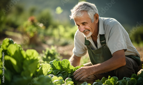 elderly man farmer working in a vegetable garden.