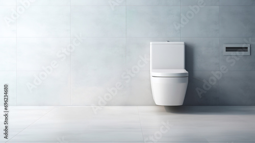Modern bathroom vanity interior with tiled walls and floor, white wall hung ceramic toilet with closed seat cover.